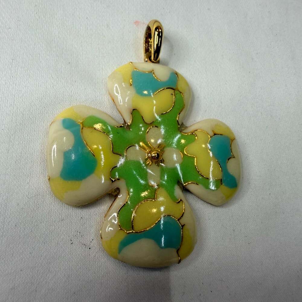 Vintage Gold Tone Multi-Color Enamel Floral Cloisonne Cross Pendant Necklace